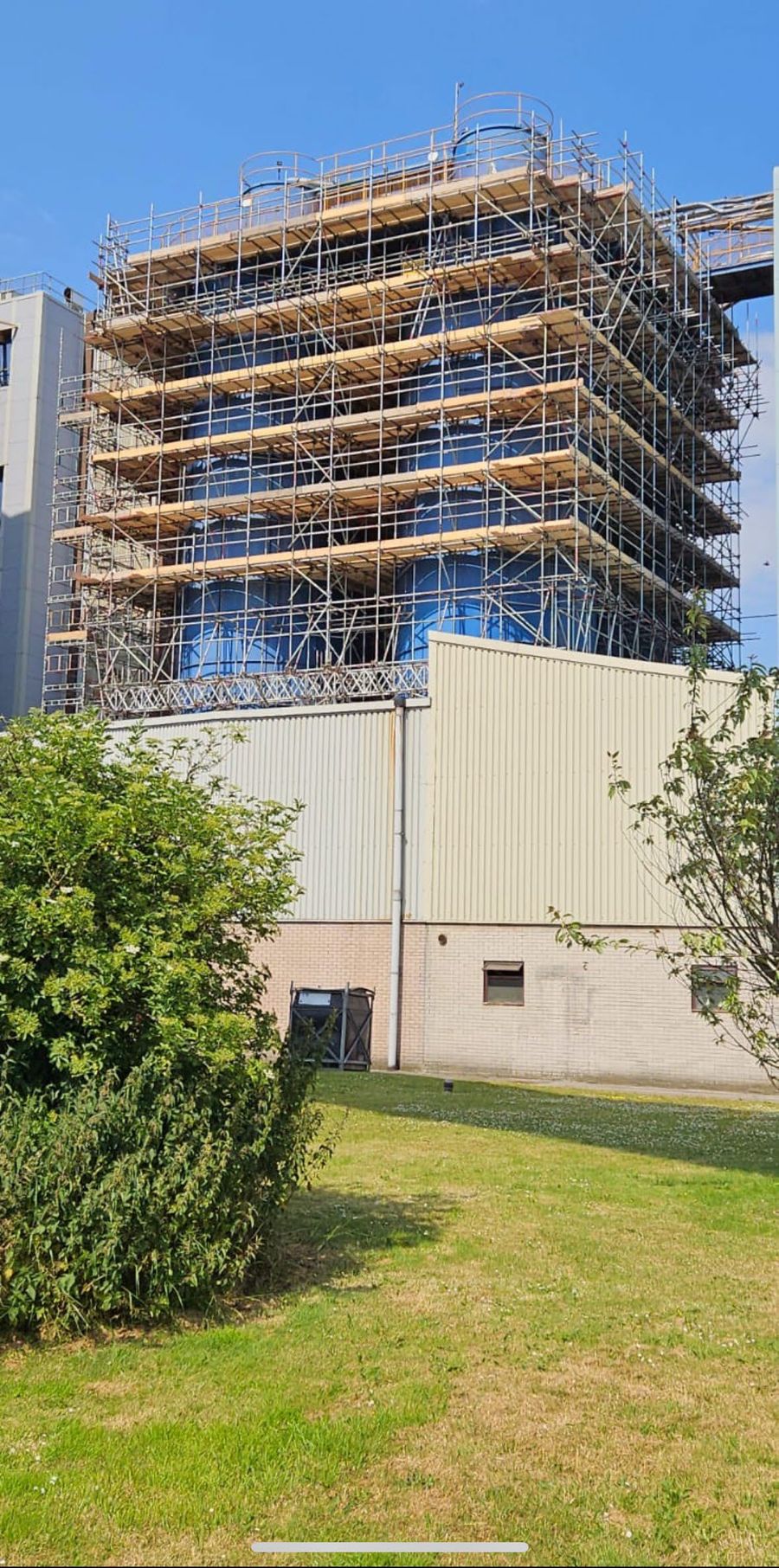 Scaffolded 45-metre silo gantry during remediation works at Liverpool Docks