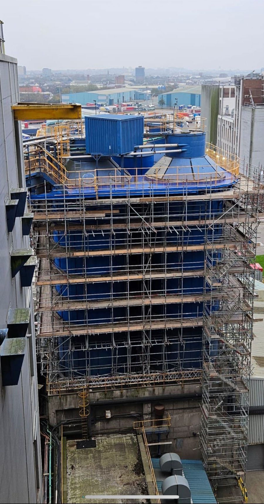 High-level view of silo gantry remediation works above a live food production facility