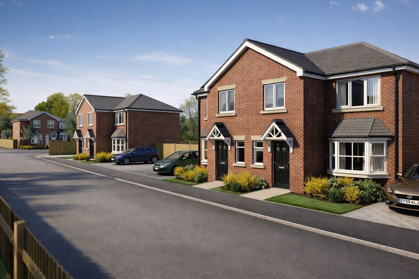Street scene of new build family homes at Sorrel Way, St Helens